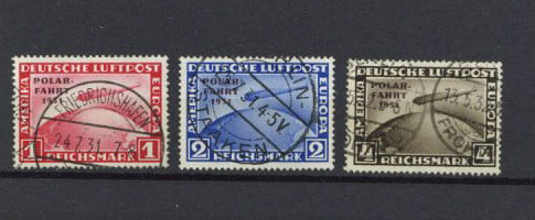 Zeppelinpost: Verschiedene Briefmarken der Deutschen Luftpost mit Poststempeln